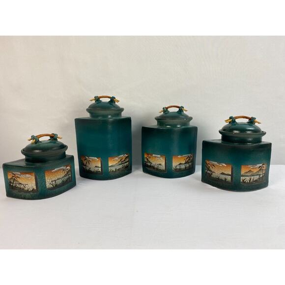 KEN JENSEN Full Set 4 Painted Covered Raku Jars, Beach Scenes, Signed - Picture 2 of 16